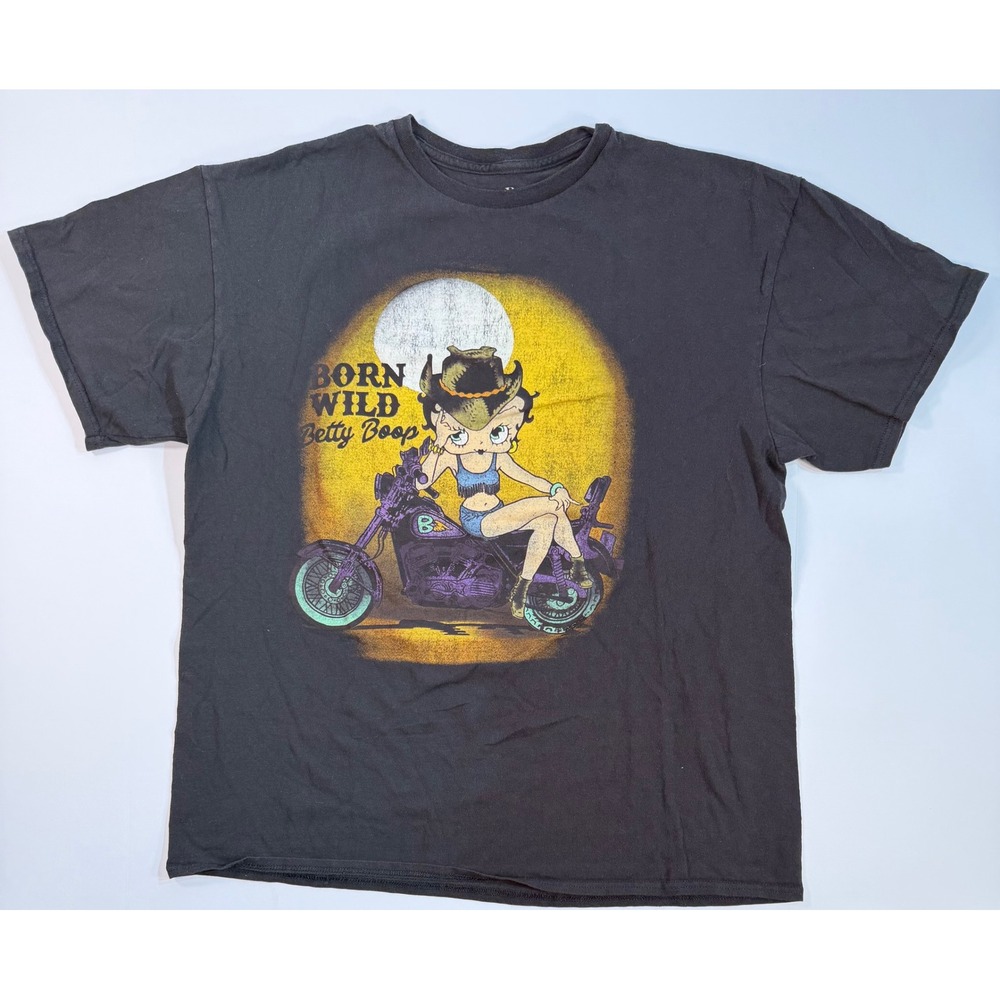 Betty Boop Born Wild Biker Graphic T-Shirt Mens XL Black Short Sleeve H3 Sport